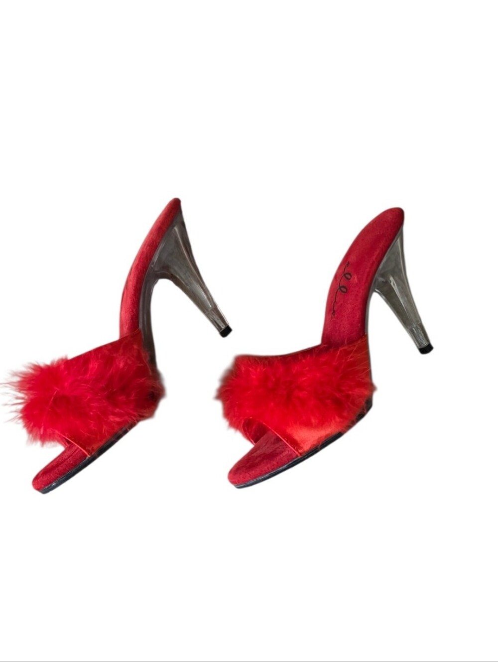 Ellie Shoes Red Marabou Feather Clear Heel Boudoir Mules Y2K Size 7 - Picture 4 of 11